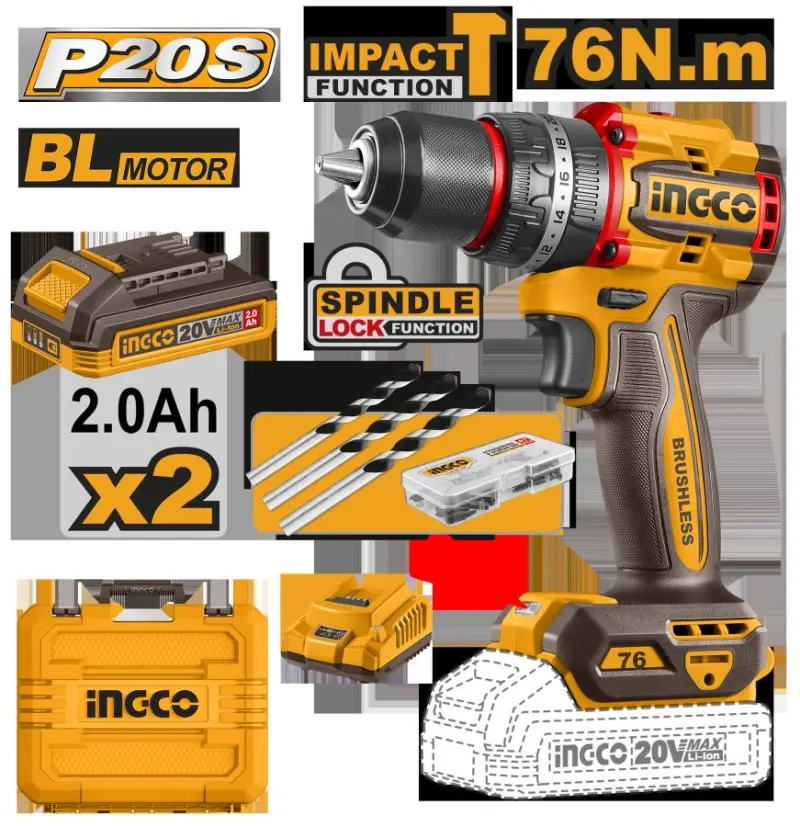 Ingco 20V Brushless Cordless Impact Drill 76Nm 2 Batteries CIDLI20768
