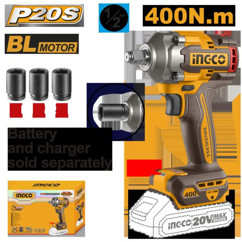 Ingco 20V Cordless Impact Wrench BL 400 Nm CIWLI20401