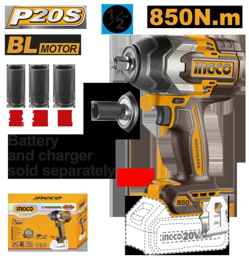Ingco Boltowyort BL 850 Нм аккумуляторный гайковерт 20В, модель CIWLI20851