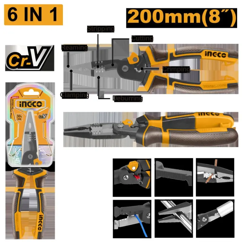 Ingco Universal Long Nose Pliers 6-in-1, 200mm, Model HMFLNP28200