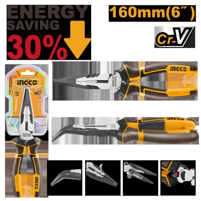 Плоскогубцы Ingco изогнутые с усиленным рычагом 30%, Cr-V, 160 мм, HHBNP28160