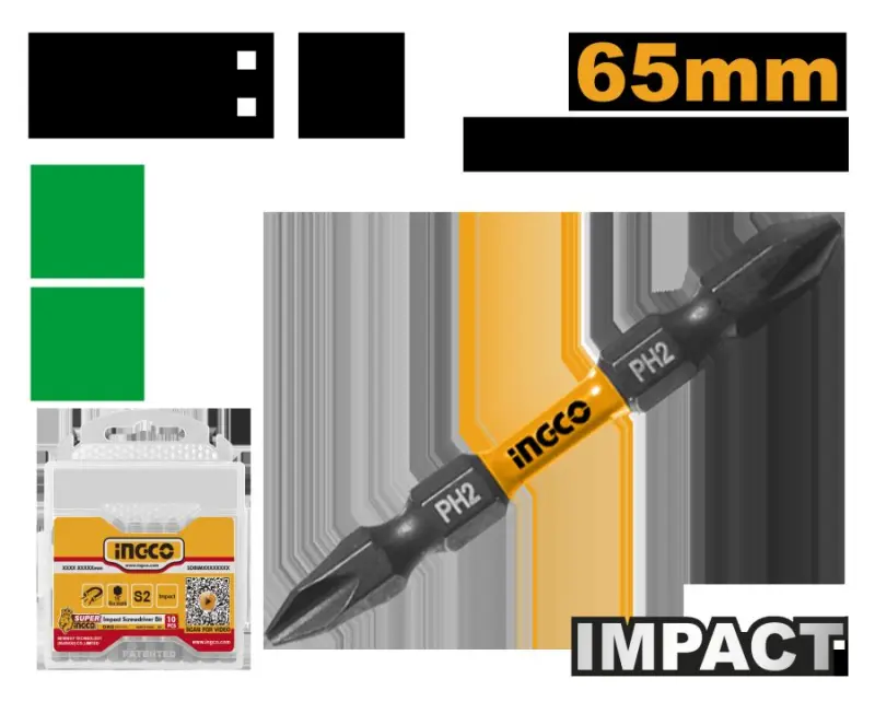 Ingco SDBIM21PH233 двусторонние ударные биты 2+PH2 65мм, 10 шт.