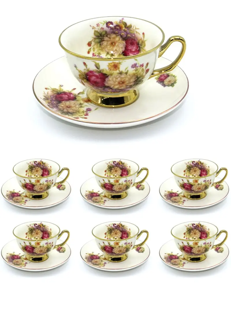 MAR MAR-1148 | Tea Cup Set 12pcs Grey Flower Porcelain
