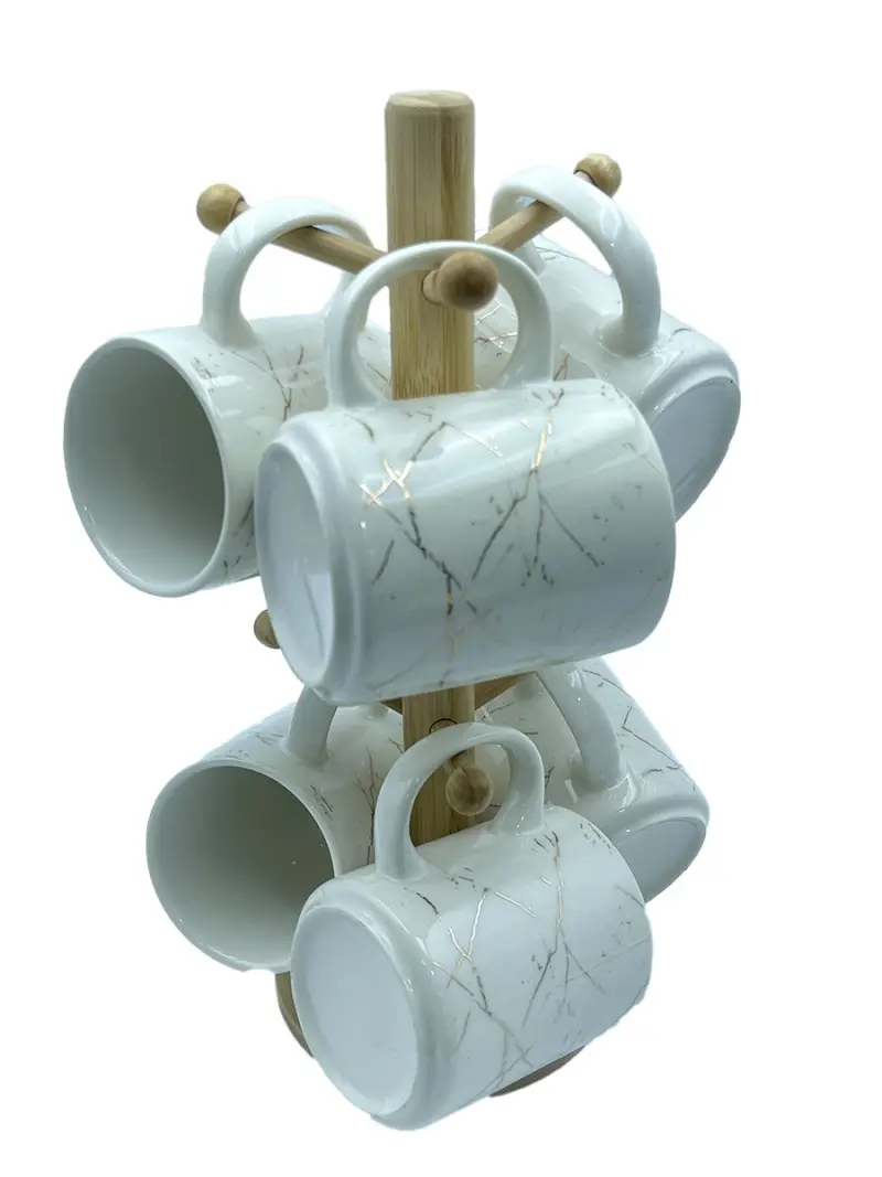 JD JD7671-H28 | Mug Set 7pcs White Oval with Gold & Bamboo Stand