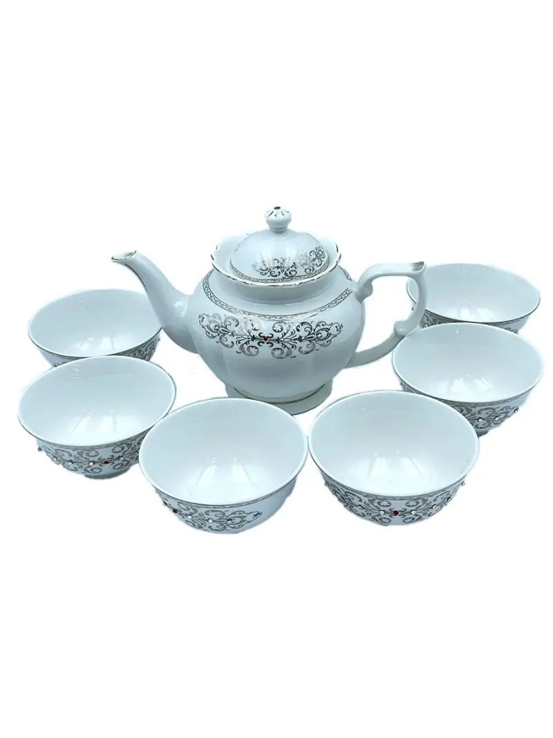 MAR MAR-1121 | Tea Set with White Rhinestone Leaf, 1 Teapot 6 Bowls