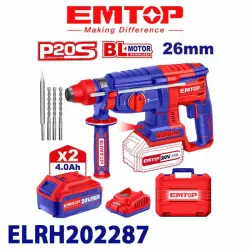 Emtop ELRH202287 | Rotary Hammer 20V 26mm Brushless 2x4.0Ah Batteries