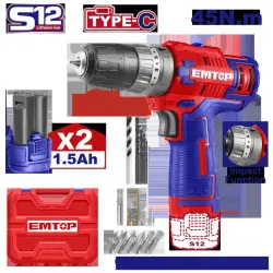 Emtop ECIDL12620 | Cordless Impact Screwdriver 12V 2x1.5Ah