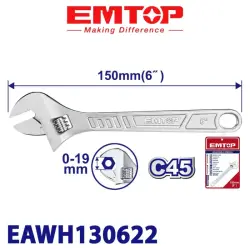 Emtop EAWH130622 | Adjustable Wrench 150mm Chrome-Plated