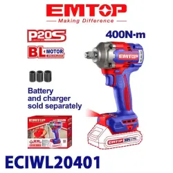 Emtop ECIWL20401 | Impact Wrench 20V Brushless 400Nm