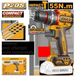 Ingco 20V Brushless Cordless Impact Drill CIDLI205581, 55 Nm, Compact