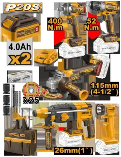Ingco 20V 5-Piece Cordless Industrial Tool Combo Kit with 2 x 4.0Ah Batteries