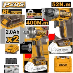 Ingco 2-Piece 20V Cordless Tool Set (Impact Wrench 400 Nm + Screwdriver 52 Nm)