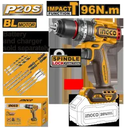 Бесщеточная аккумуляторная ударная дрель Ingco 96Нм (CIDLI209681)